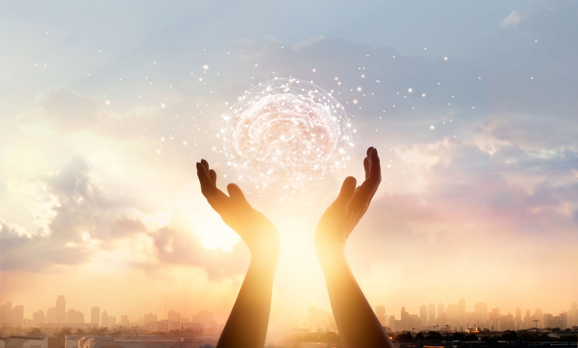 Abstract palm hands touching brain with network connections, innovative technology in science and communication concept